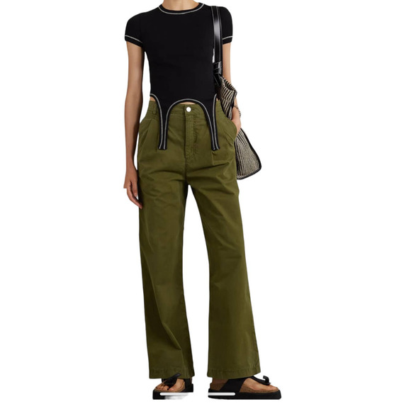 Frame pants pleated cotton twill wide leg green size 33 - Picture 1 of 6